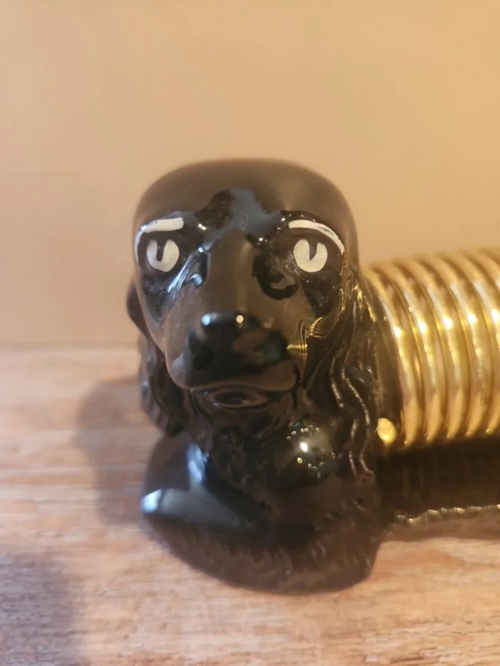 Vtg~MCM~Black/Gold~Ceramic~Dachshund~Cocker Spaniel~Dog~Desk Letter Card Holder